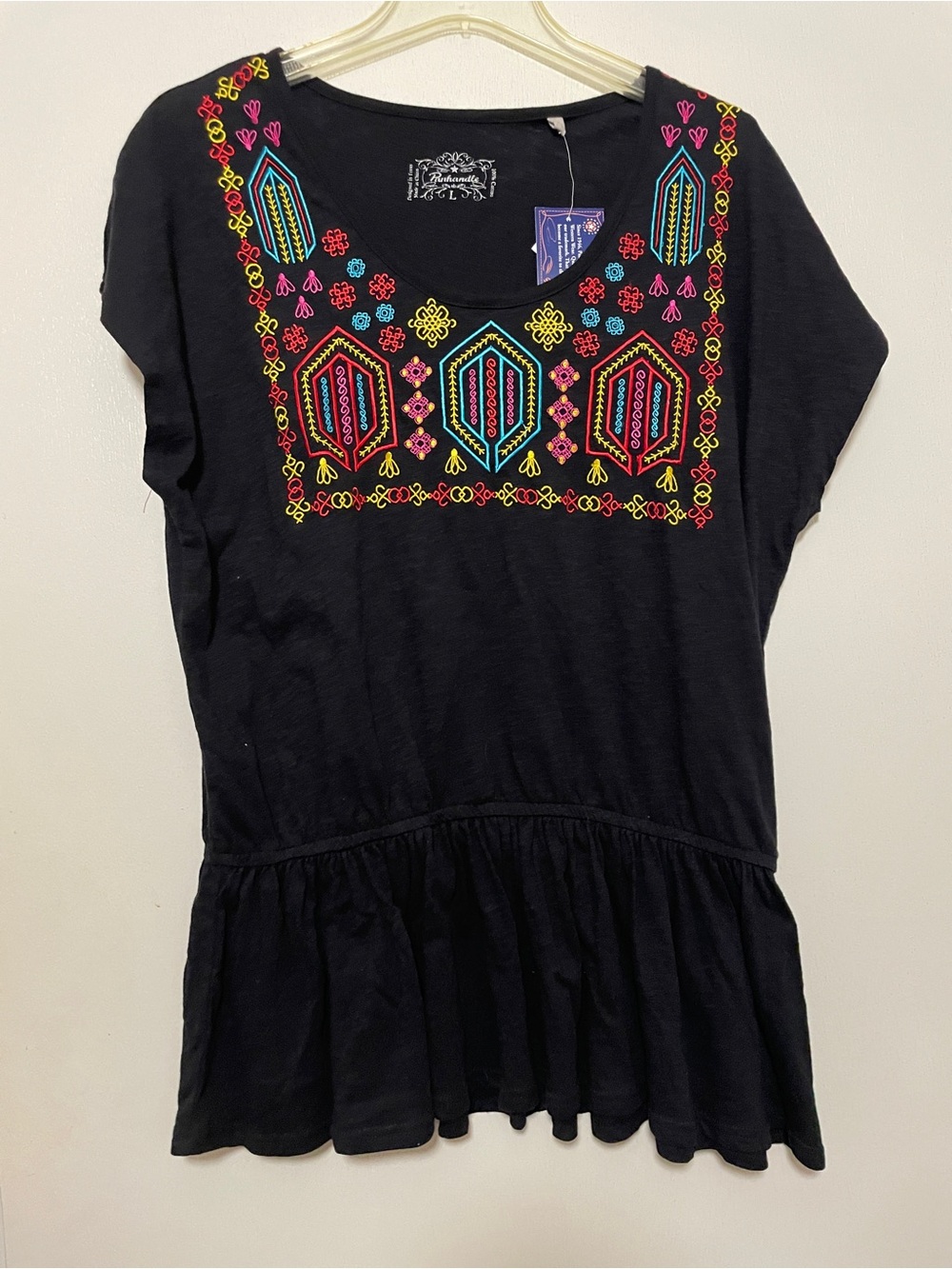 Colorful Embroidered Black Peplum Top panhandle slim size L peasant blouse
